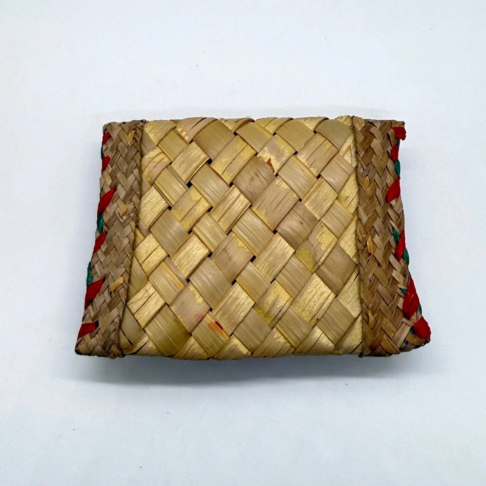 VTG Handwoven‎ Straw Raffia Shell Coin Purse Women Small Tan Multicolor Retro